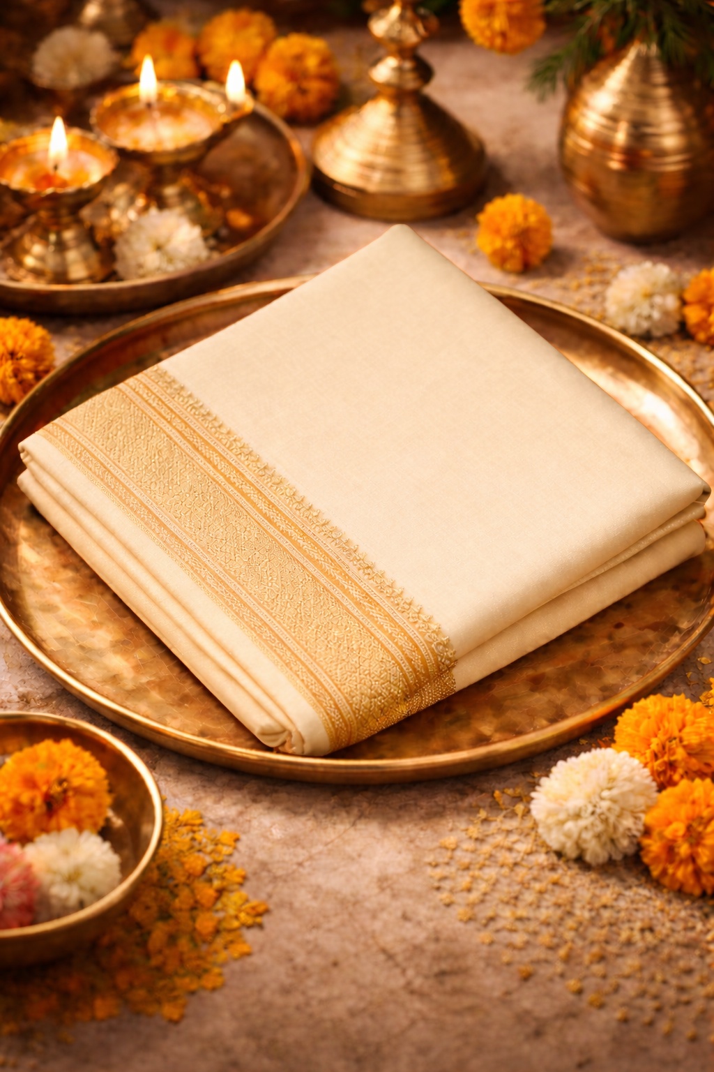 Cream Cotton Soft Plain Silk Zari Border Mandir Daan Saree