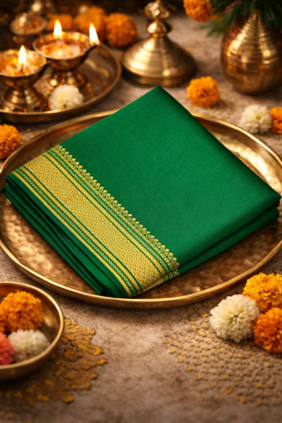 Image of Green Cotton Soft Plain Silk Zari Border Mandir Daan Saree