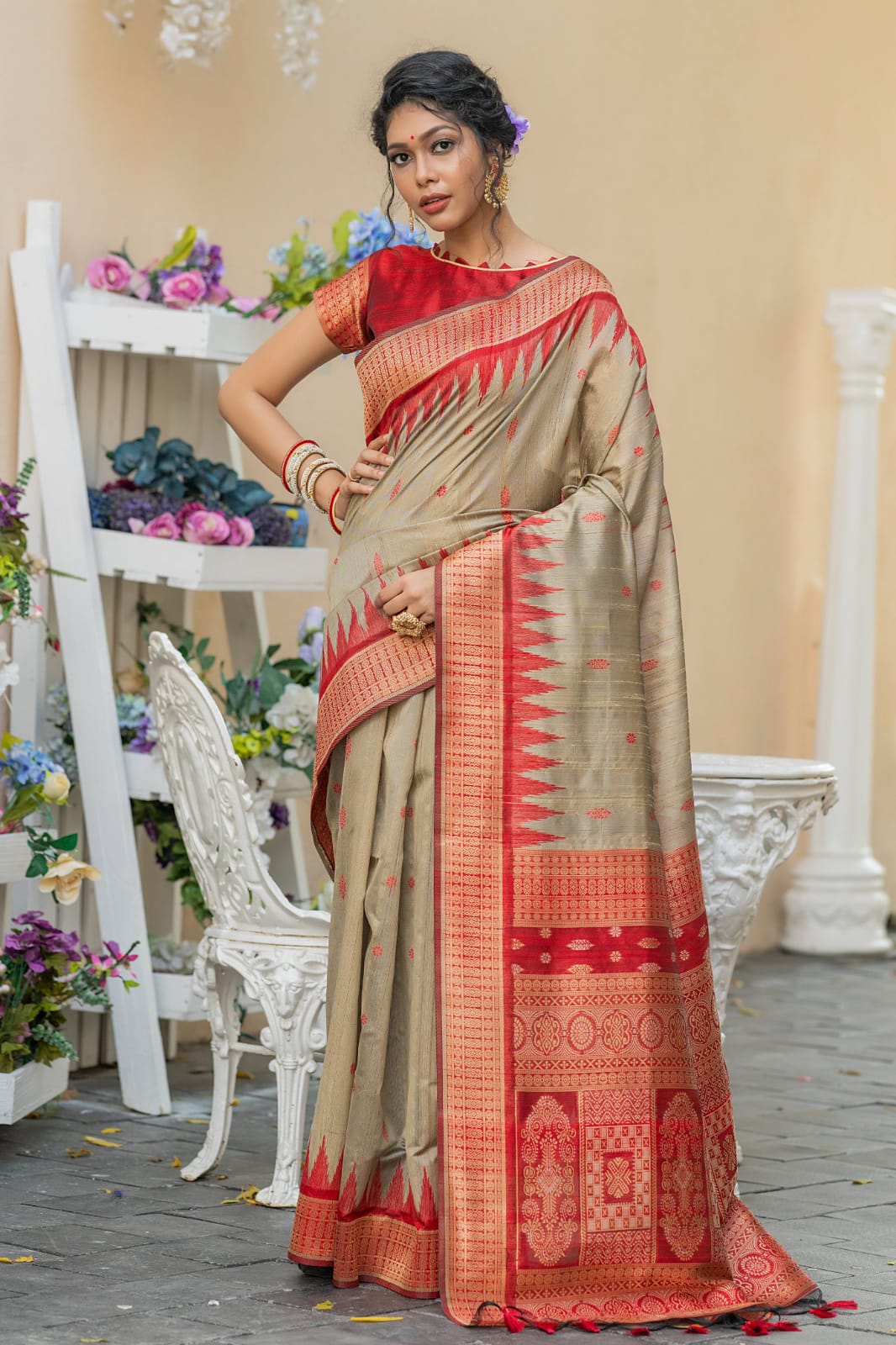 Pure Tussar Silk Saree With Temple Weaved Brocade N Tassels