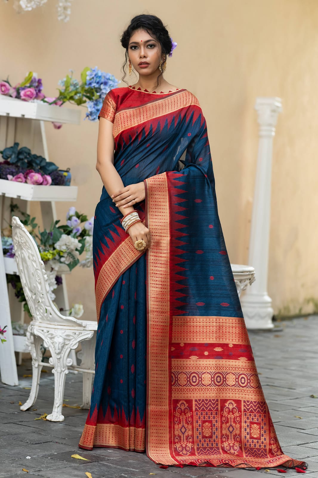 Pure Tussar Silk Saree With Temple Weaved Brocade N Tassels