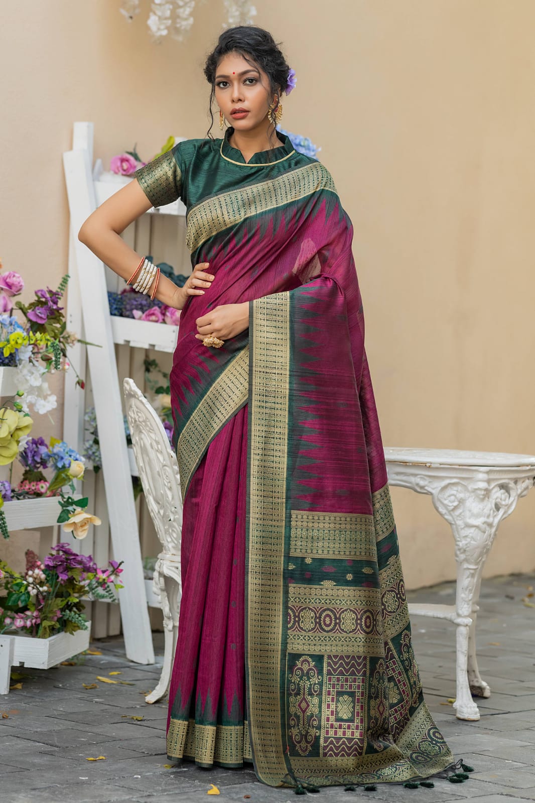 Pure Tussar Silk Saree With Temple Weaved Brocade N Tassels