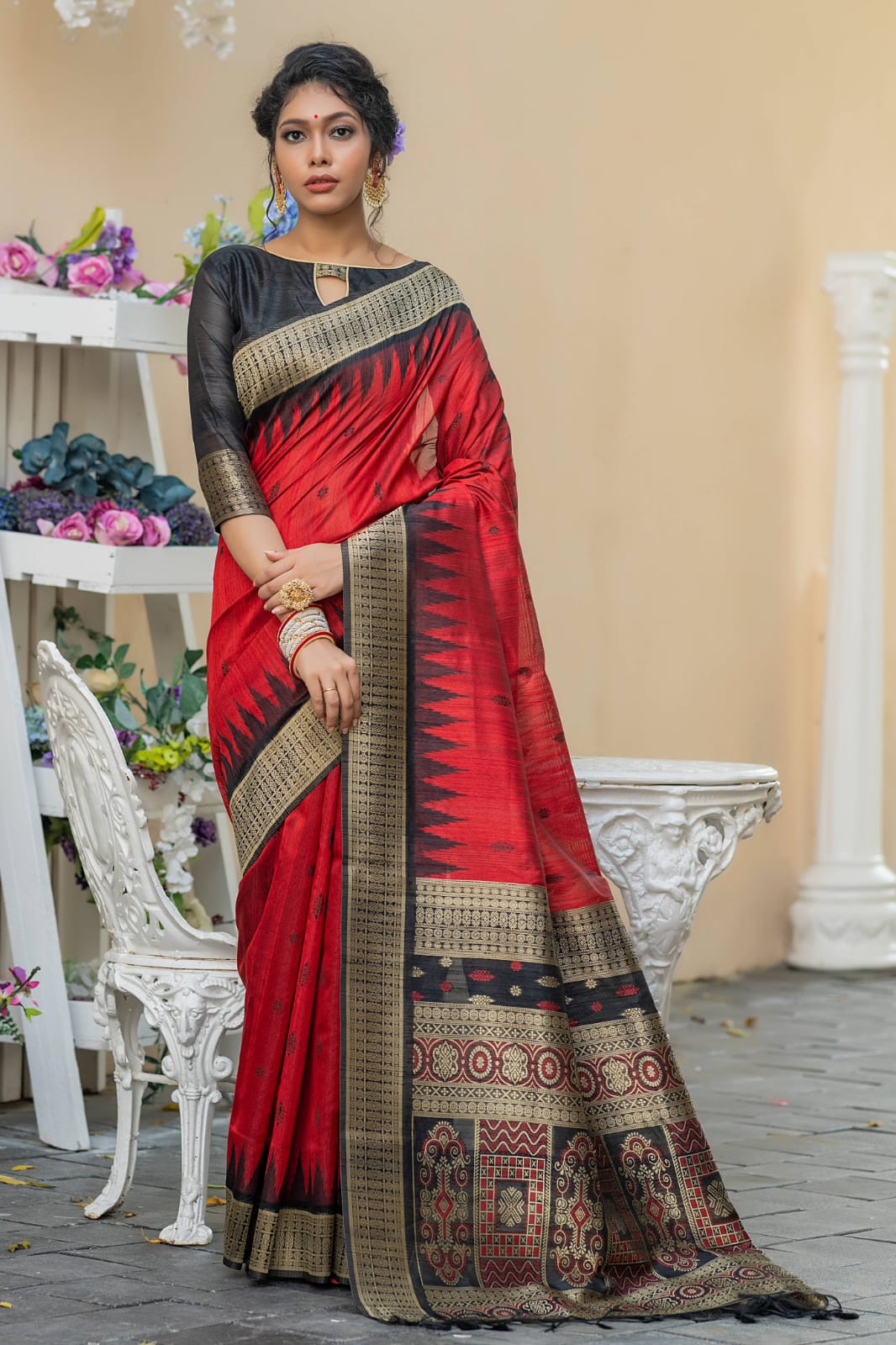 Pure Tussar Silk Saree With Temple Weaved Brocade N Tassels