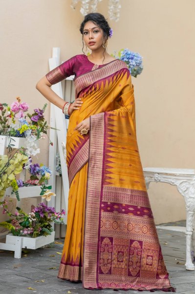 Image of Pure Tussar Silk Saree With Temple Weaved Brocade N Tassels