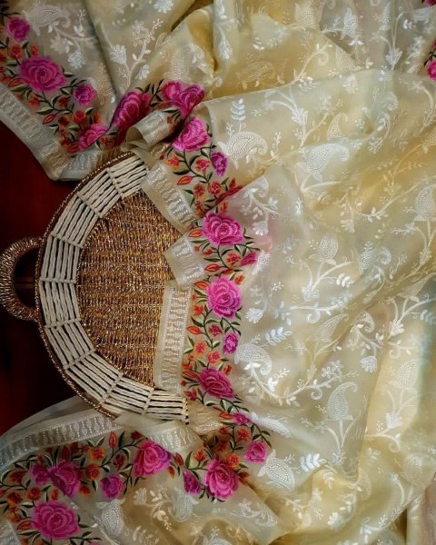 Image of Pure Organza Silk Lucknawi Embroidery Contrast Border Saree