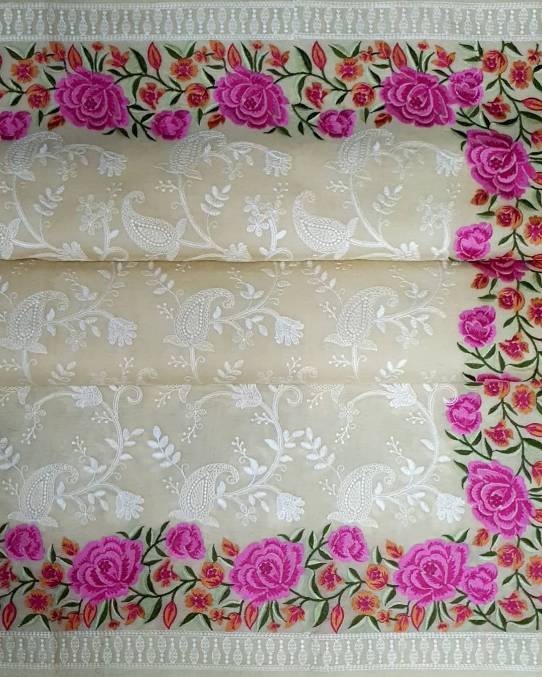 Pure Organza Silk Lucknawi Embroidery Contrast Border Saree