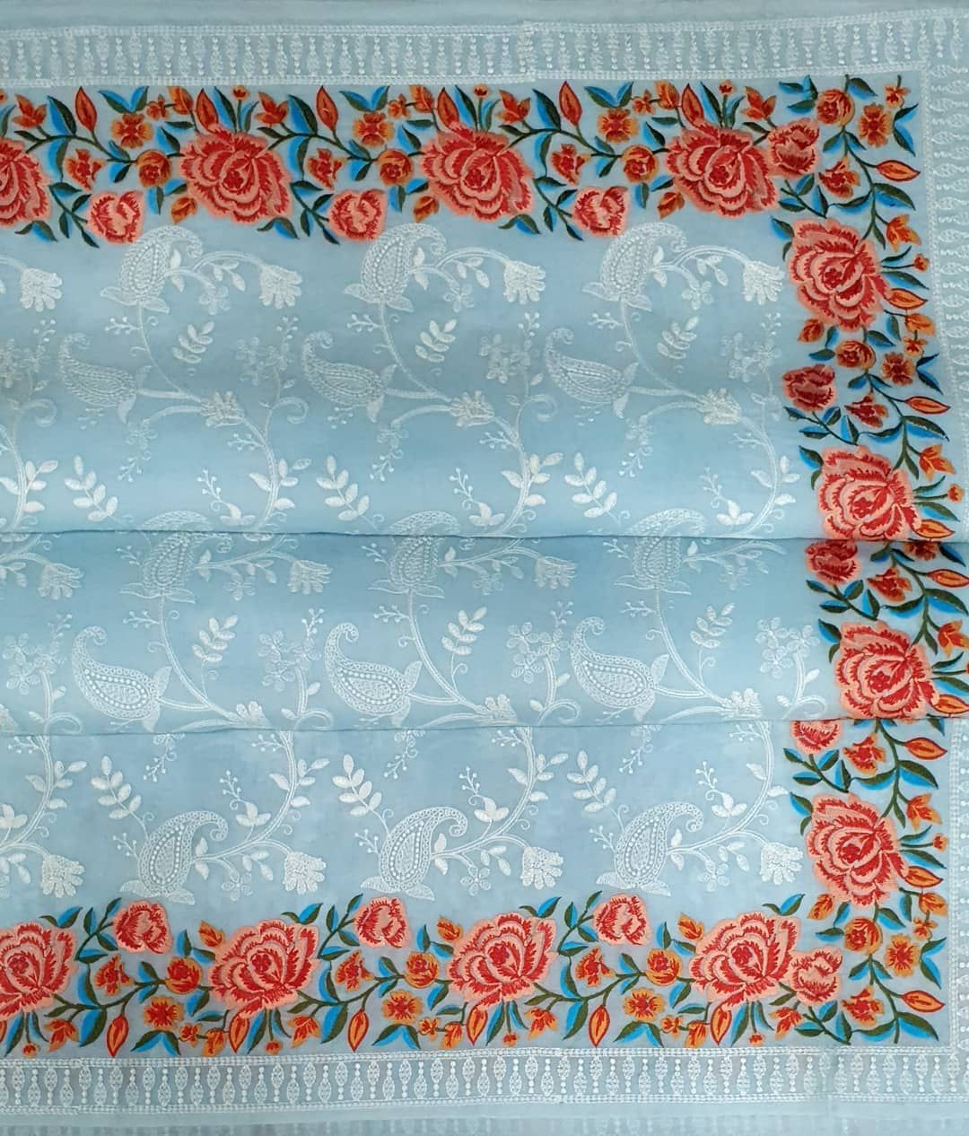 Pure Organza Silk Lucknawi Embroidery Contrast Border Saree