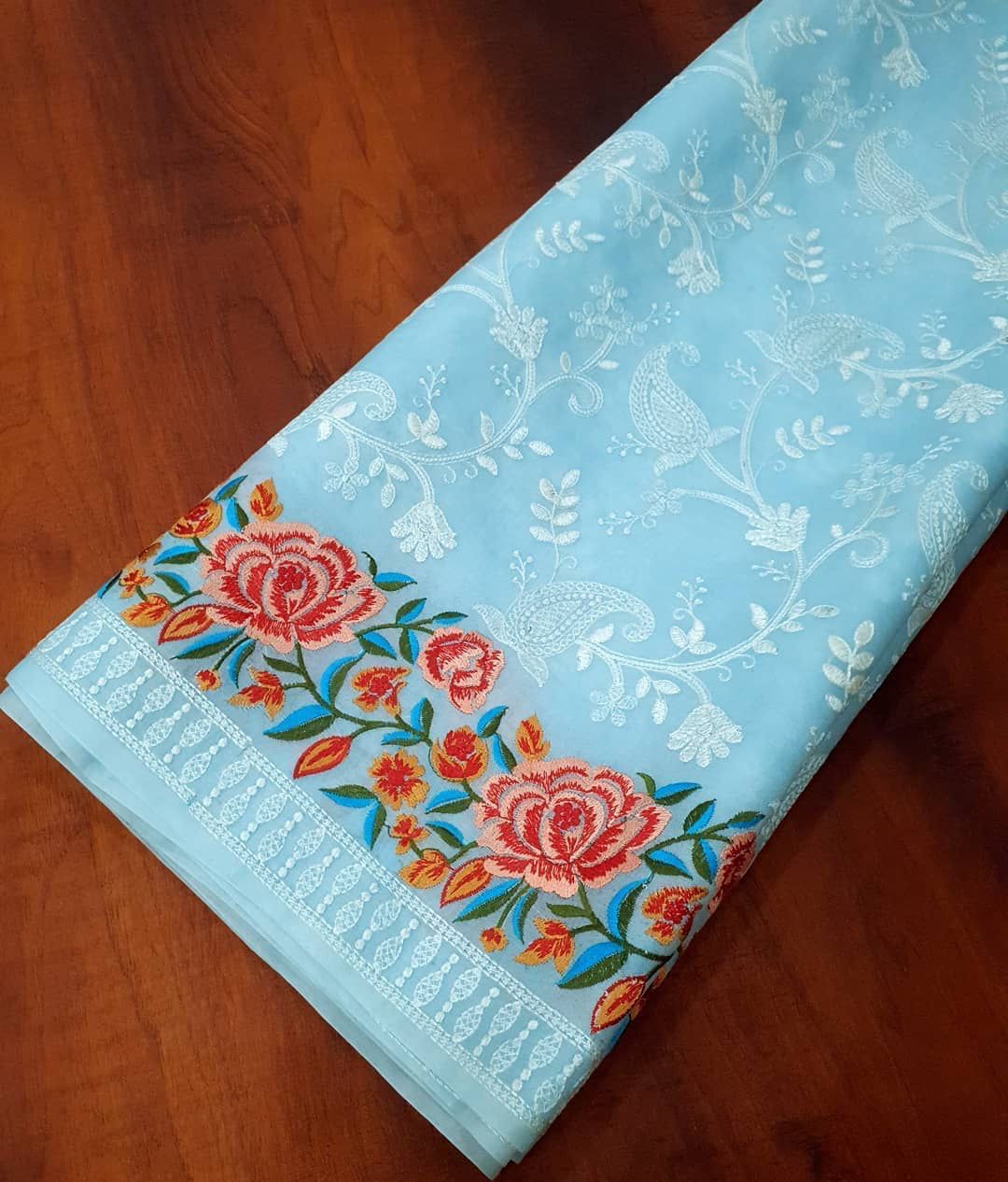 Pure Organza Silk Lucknawi Embroidery Contrast Border Saree