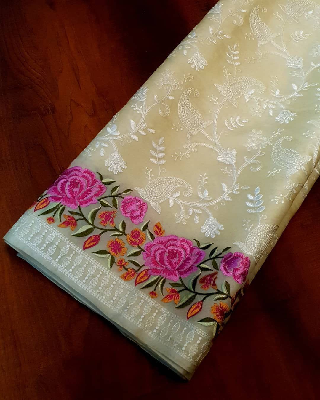 Pure Organza Silk Lucknawi Embroidery Contrast Border Saree