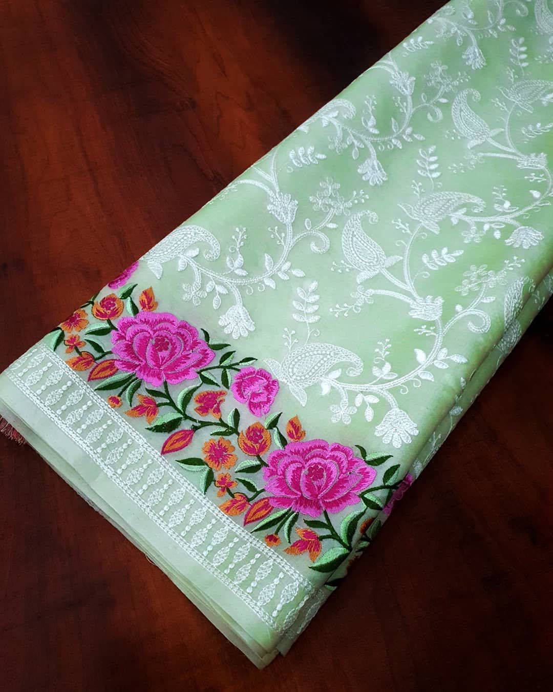 Pure Organza Silk Lucknawi Embroidery Contrast Border Saree