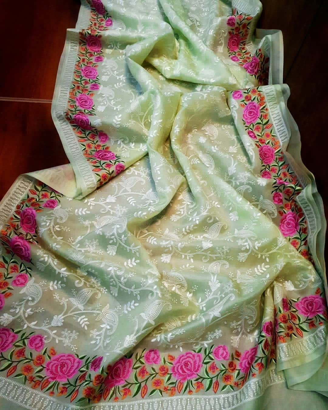 Pure Organza Silk Lucknawi Embroidery Contrast Border Saree