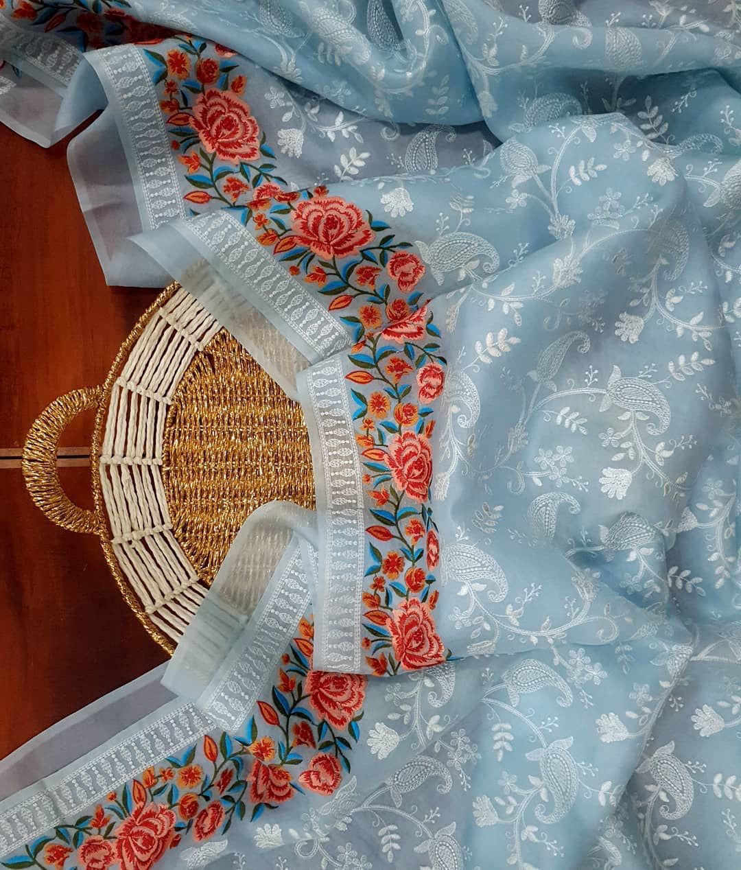 Pure Organza Silk Lucknawi Embroidery Contrast Border Saree