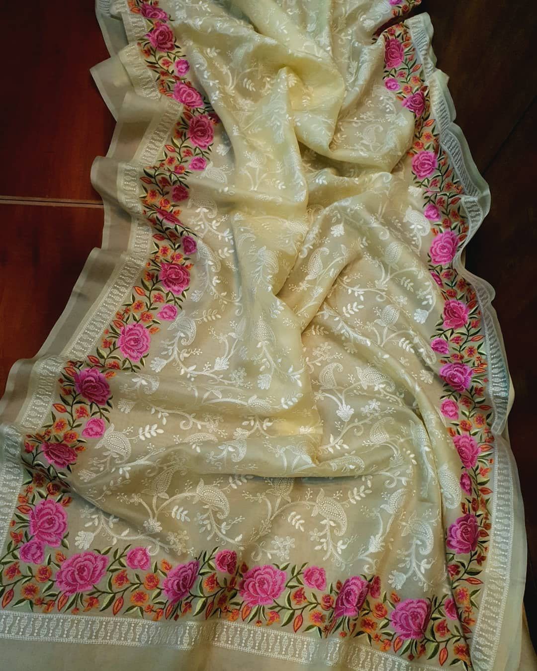 Pure Organza Silk Lucknawi Embroidery Contrast Border Saree