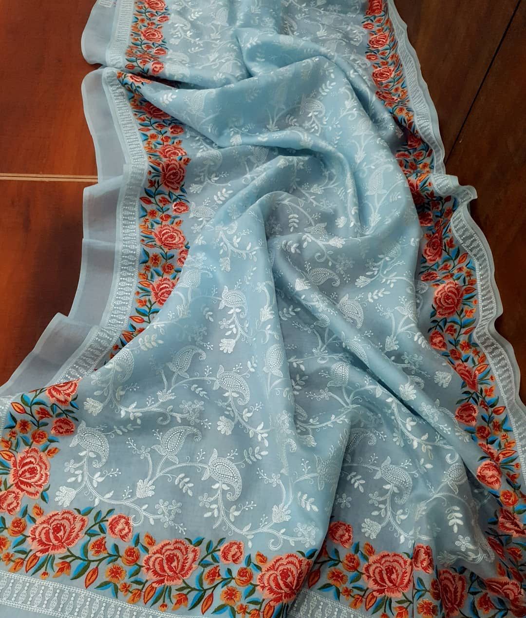 Pure Organza Silk Lucknawi Embroidery Contrast Border Saree