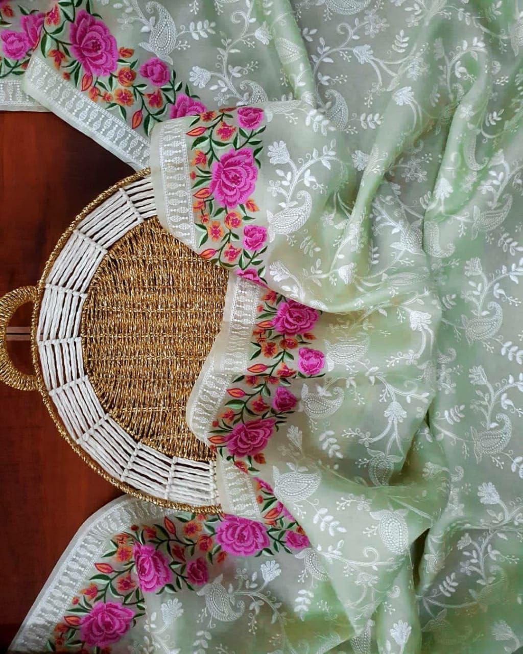 Pure Organza Silk Lucknawi Embroidery Contrast Border Saree