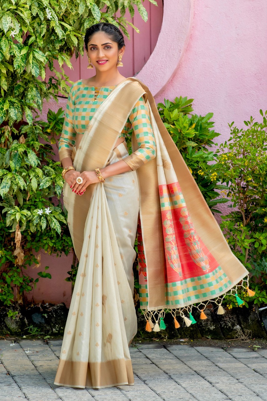 Pure Tussar Silk Saree All Over Zari Meena Weave With Exclusive Tassels