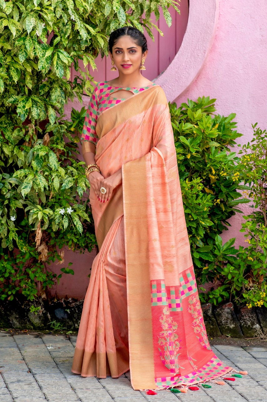 Pure Tussar Silk Saree All Over Zari Meena Weave With Exclusive Tassels
