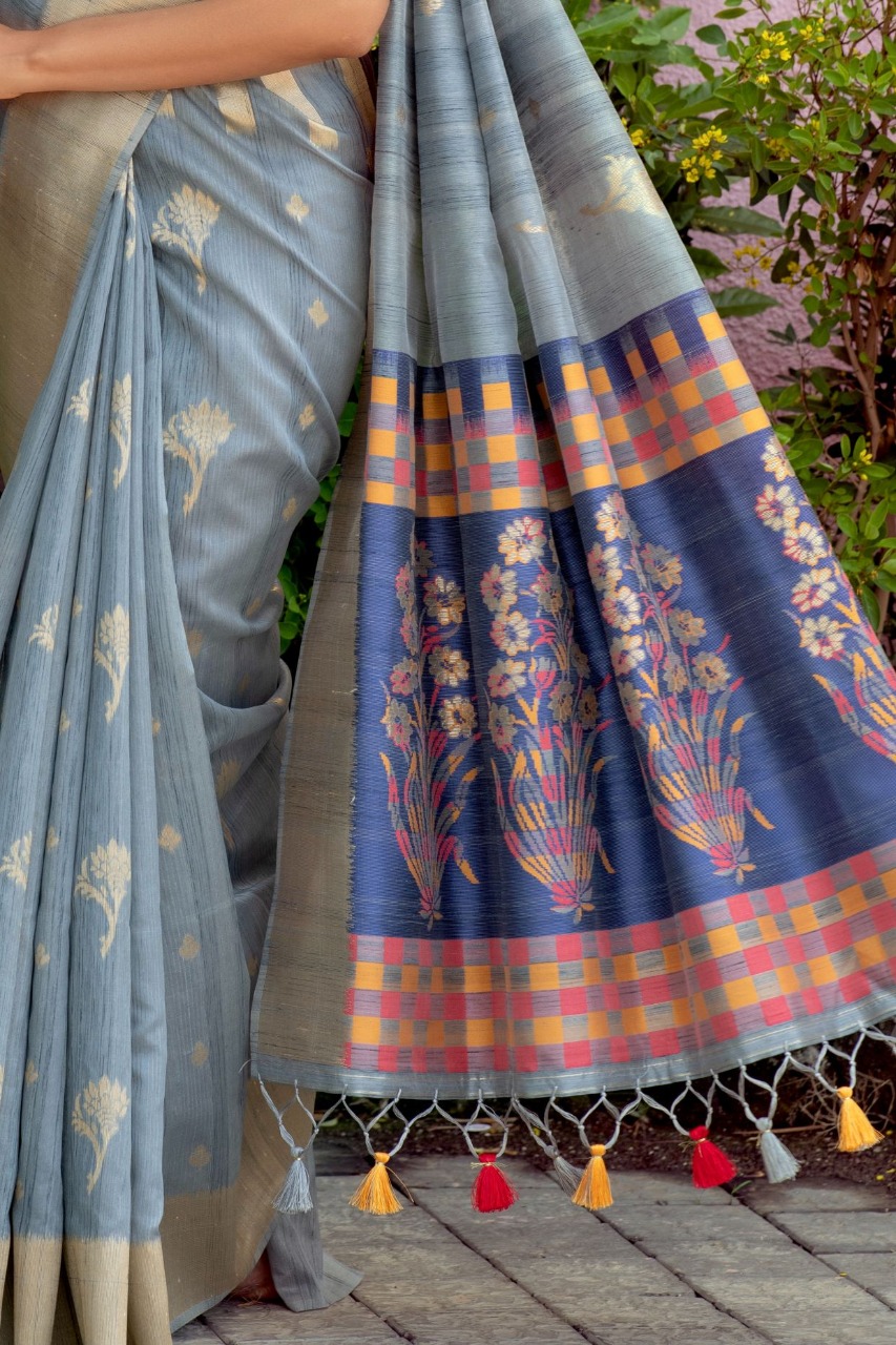 Pure Tussar Silk Saree All Over Zari Meena Weave With Exclusive Tassels