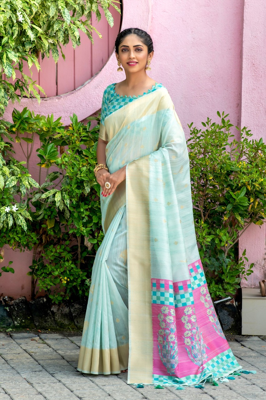Pure Tussar Silk Saree All Over Zari Meena Weave With Exclusive Tassels