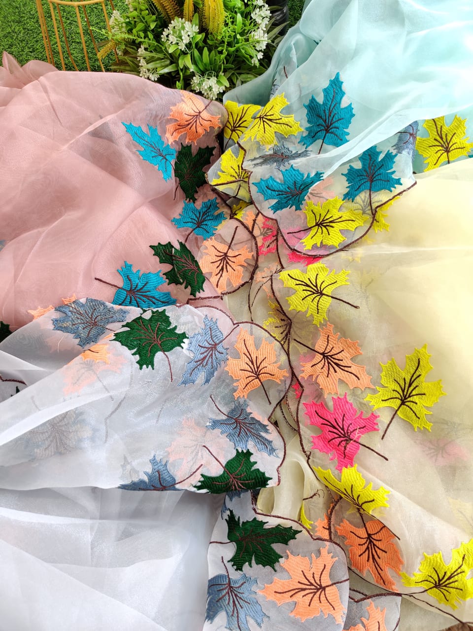 Pure Moss Organza Saree With Heavy Multi Color Thread Work On Border