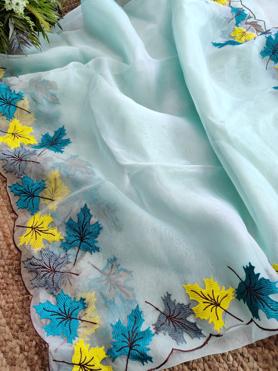 Pure Moss Organza Saree With Heavy Multi Color Thread Work On Border