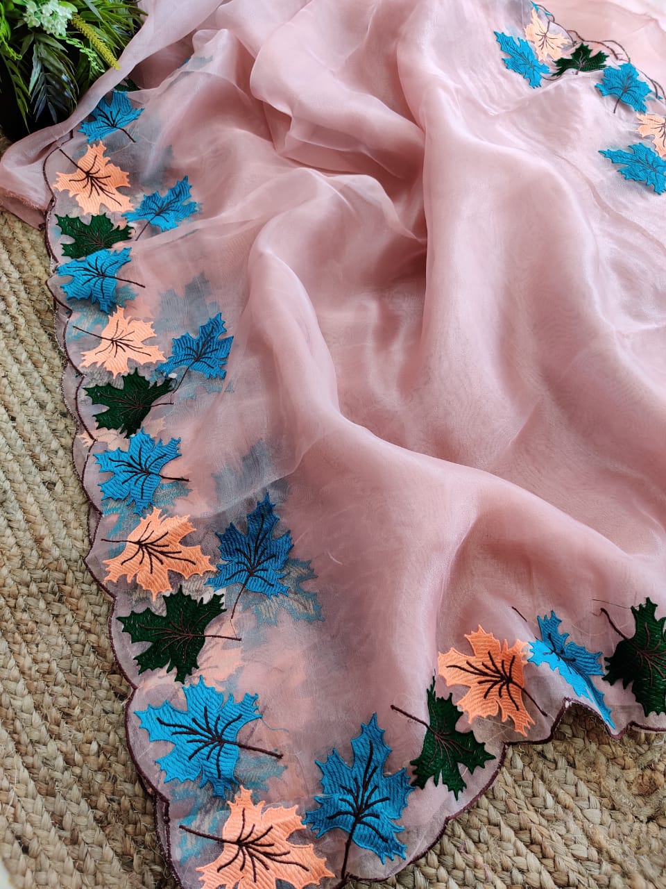 Pure Moss Organza Saree With Heavy Multi Color Thread Work On Border