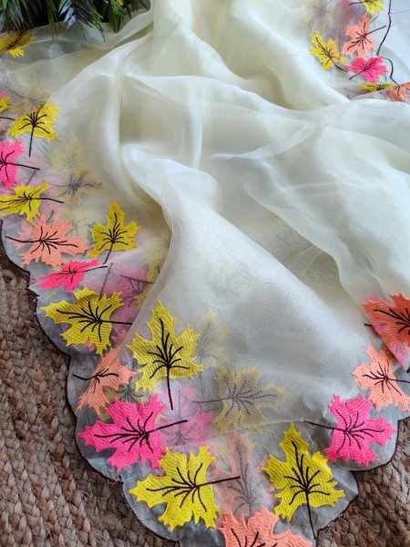 Image of Pure Moss Organza Saree With Heavy Multi Color Thread Work On Border