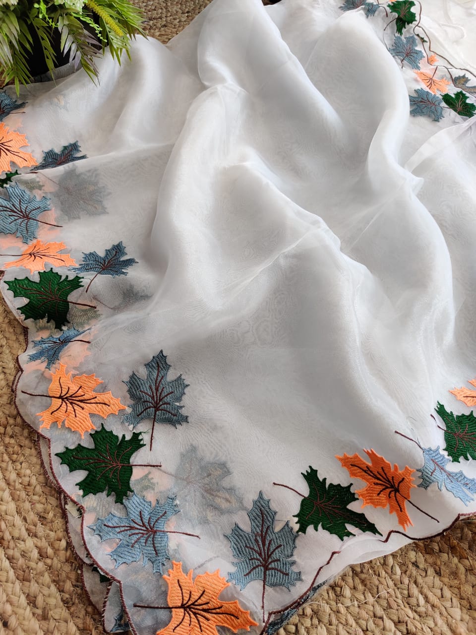 Pure Moss Organza Saree With Heavy Multi Color Thread Work On Border