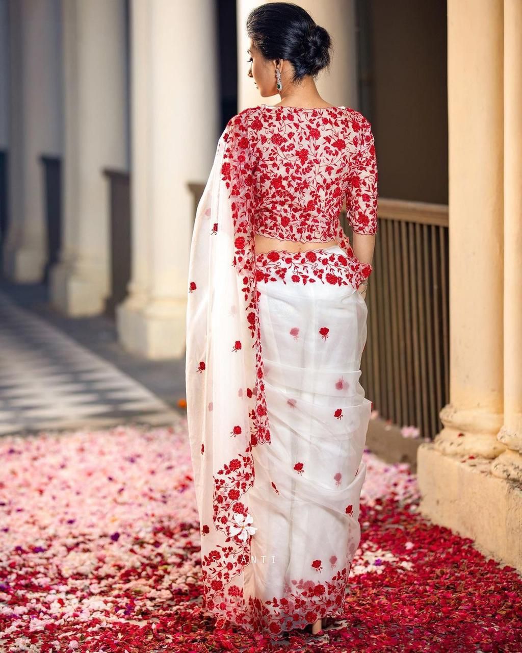 White Pure Organza Silk Red Flower Embroidery All Over With Border