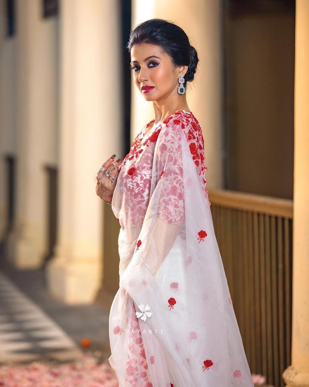 White Pure Organza Silk Red Flower Embroidery All Over With Border