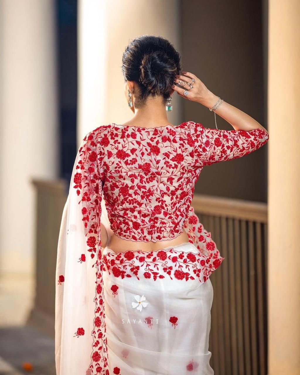 White Pure Organza Silk Red Flower Embroidery All Over With Border