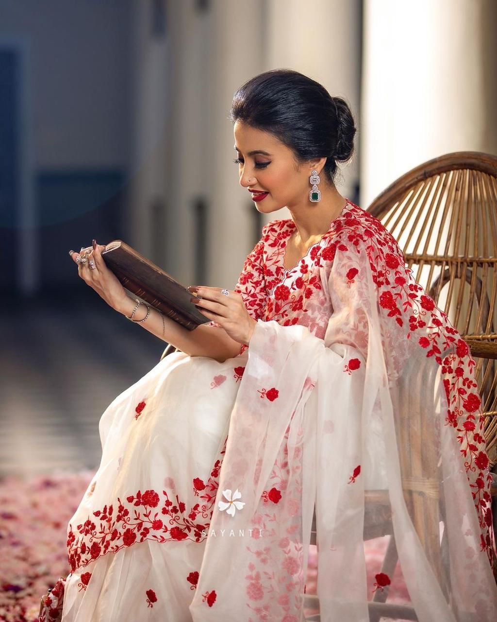 White Pure Organza Silk Red Flower Embroidery All Over With Border