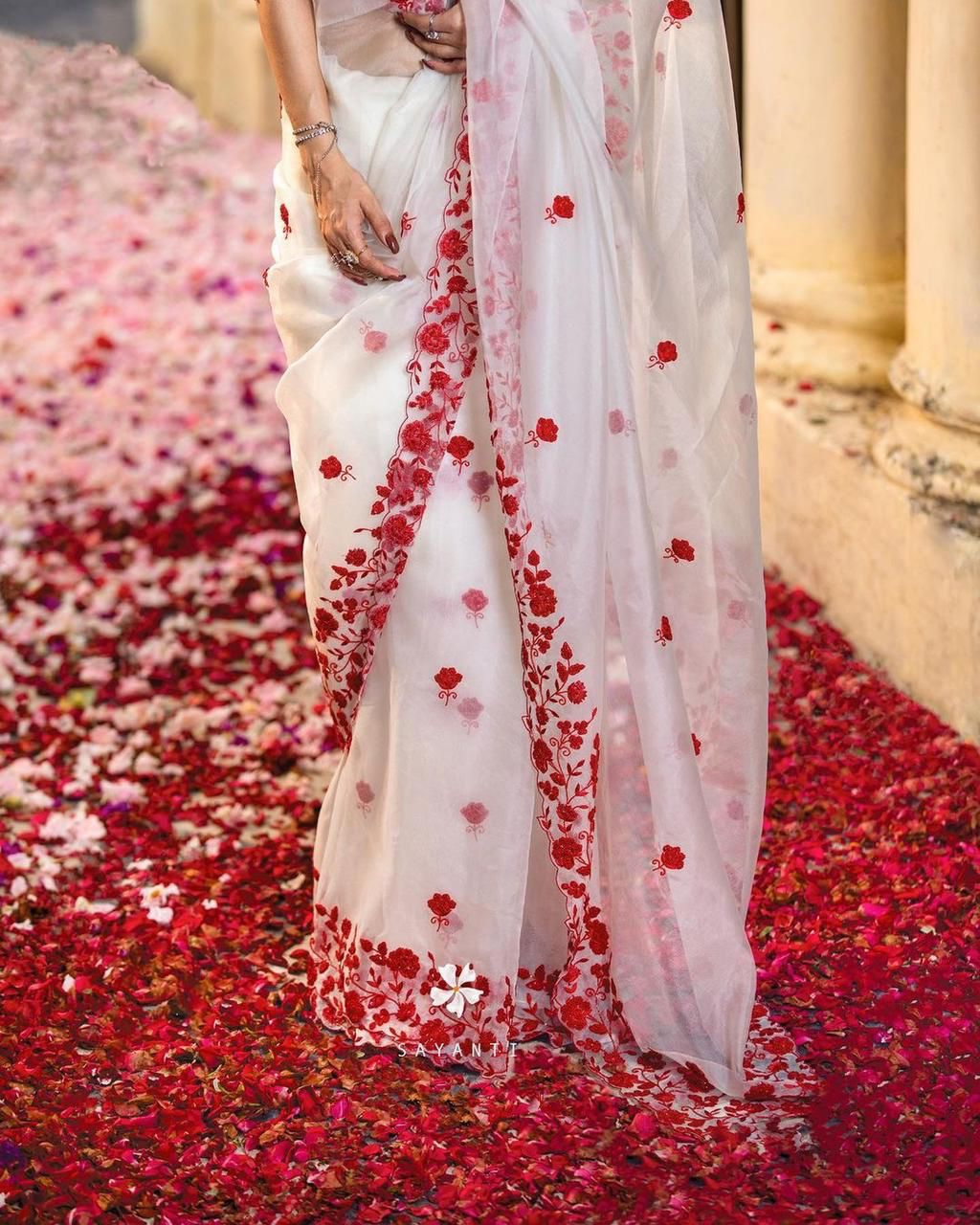 White Pure Organza Silk Red Flower Embroidery All Over With Border