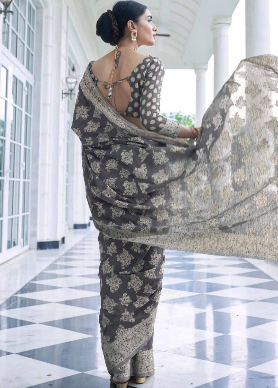 Linen Cotton Lucknawi Chikankari Weaved Saree
