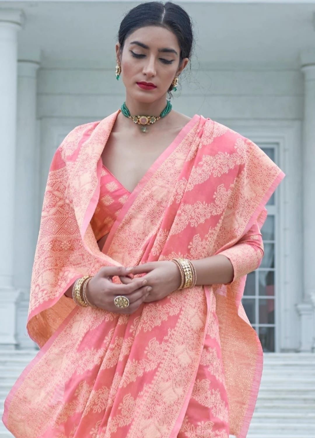 Linen Cotton Lucknawi Chikankari Weaved Saree