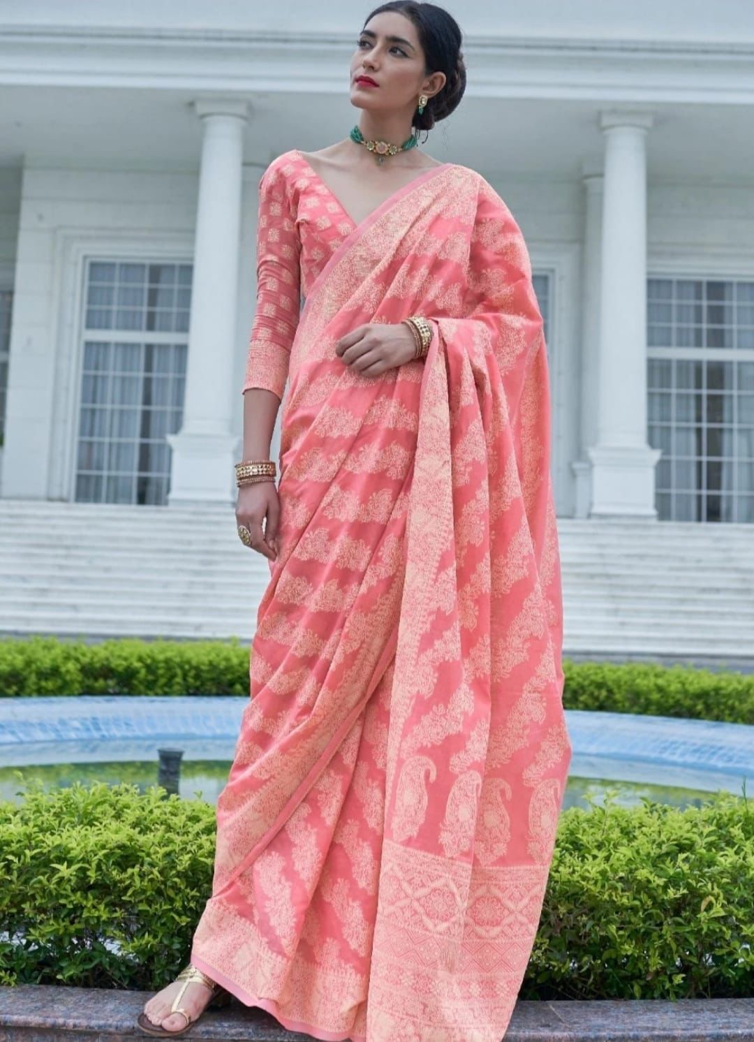Linen Cotton Lucknawi Chikankari Weaved Saree