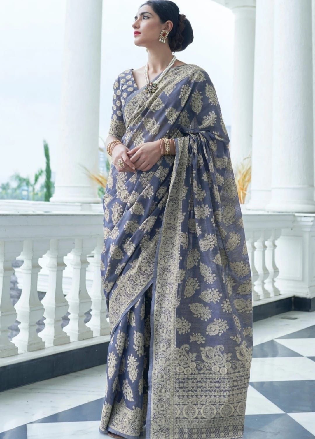 Linen Cotton Lucknawi Chikankari Weaved Saree
