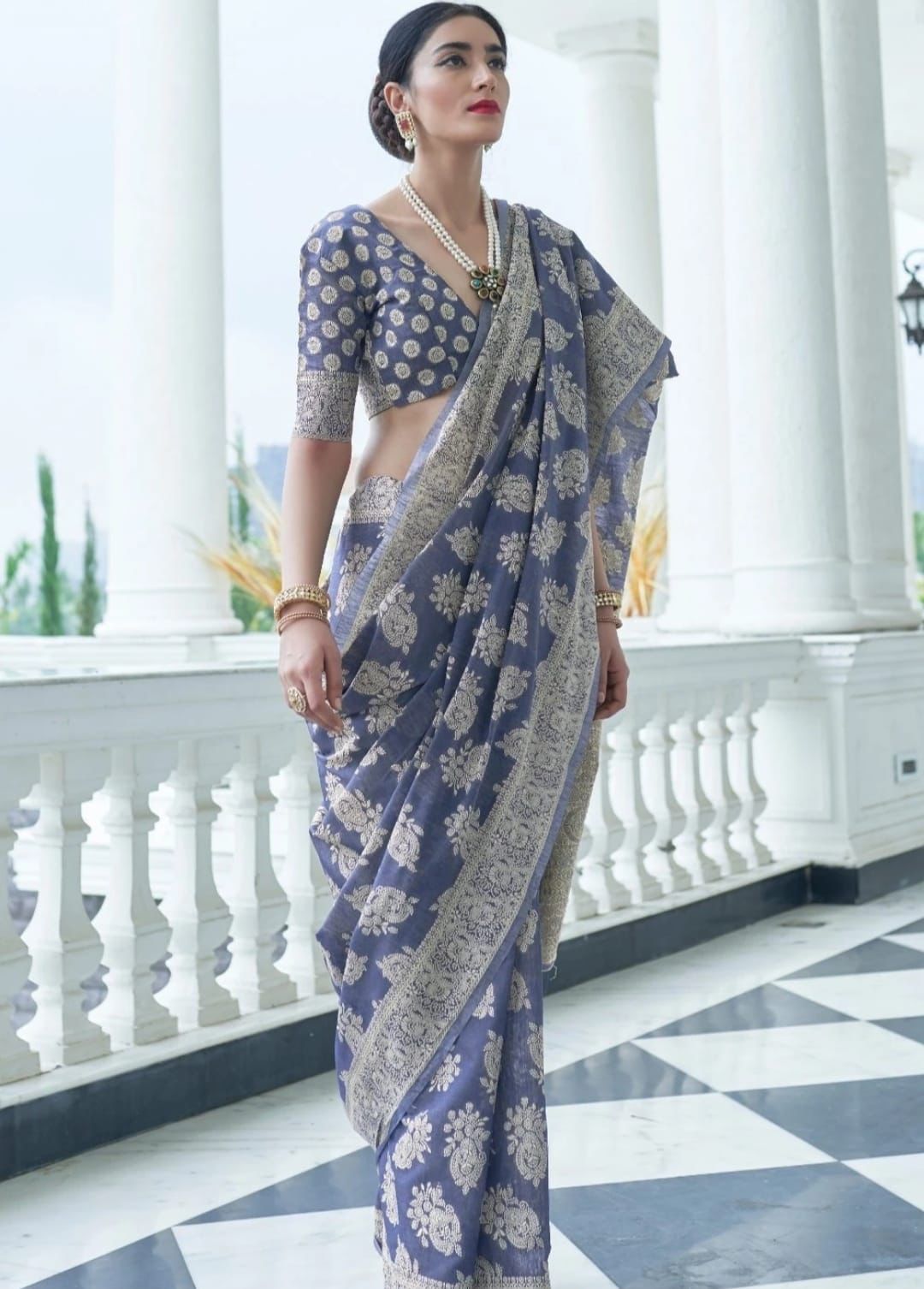 Linen Cotton Lucknawi Chikankari Weaved Saree