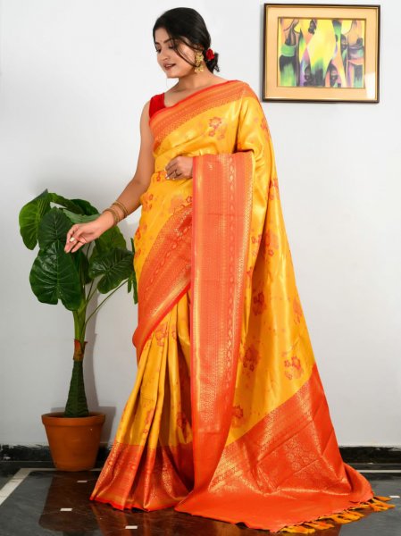 Image of Banarasi Silk All Over Gold Zari Weaved Body And Pallu Saree