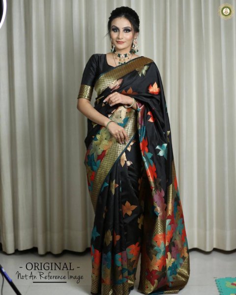 Image of Pure Banarasi Silk Multi Color Zari Flower Boota And Pallu Saree