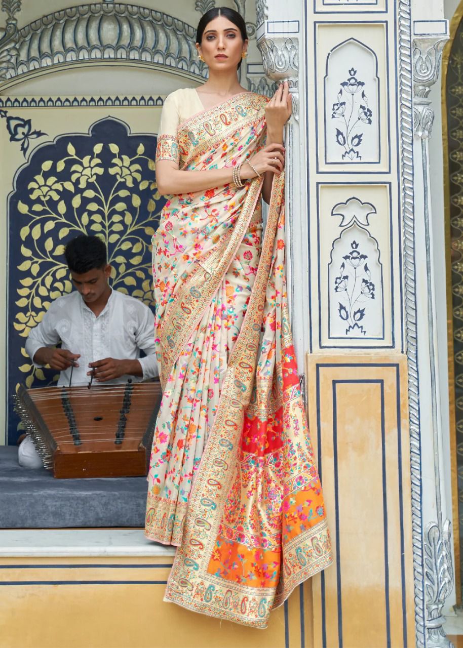 Pure Kashmiri Pashmina Zari Meenakari Weaved Saree