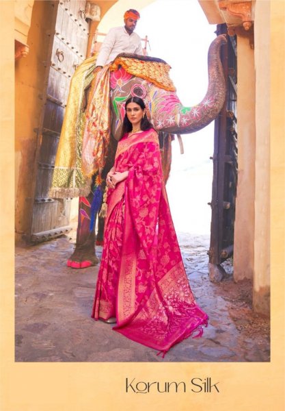 Image of Banarasi Korum Silk All Over Rich Zari Weaved With Tassels On Pallu
