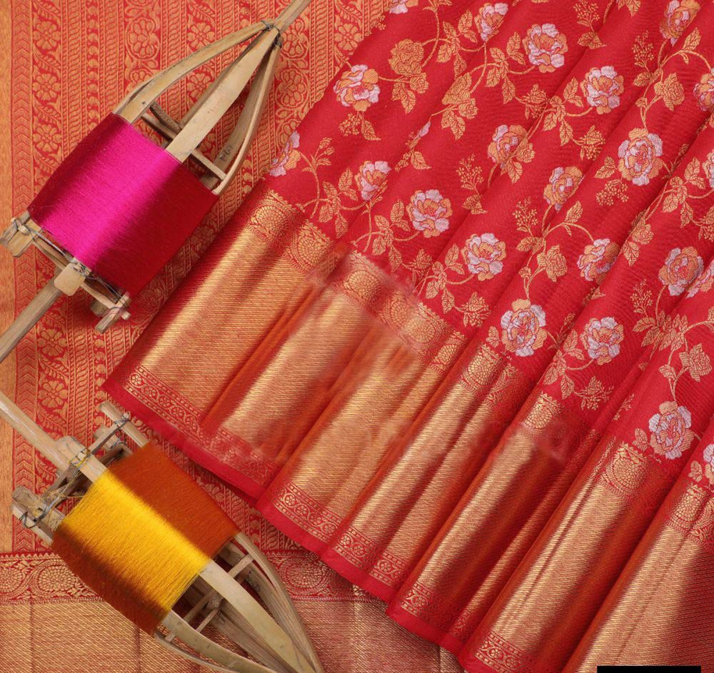 Red Pure Banarasi Silk Gold Silver Zari Body And Rich Pallu Weaved Saree