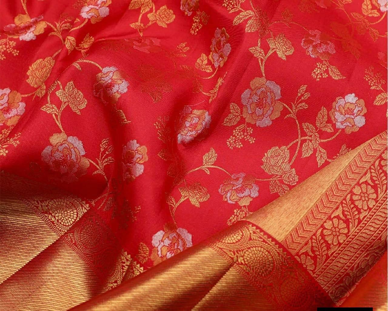 Red Pure Banarasi Silk Gold Silver Zari Body And Rich Pallu Weaved Saree