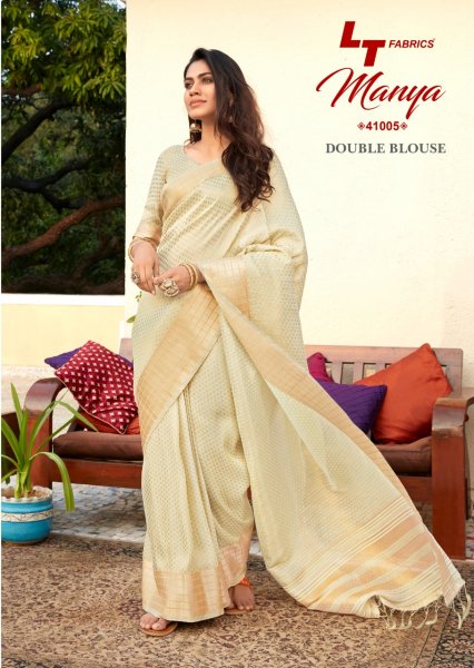 Image of Pure Linen Silk All Over Gold Zari Weaved Saree With Two Blouse