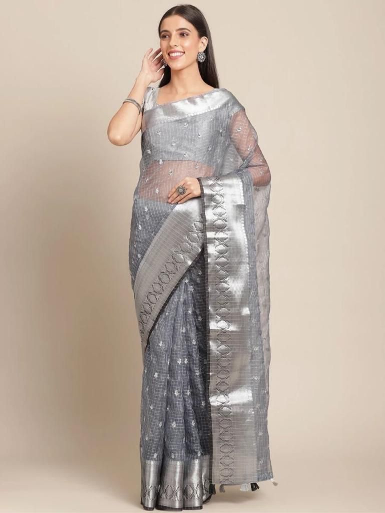 Pure Organza Silk All Over Silver Zari Weaved Body And Border Saree