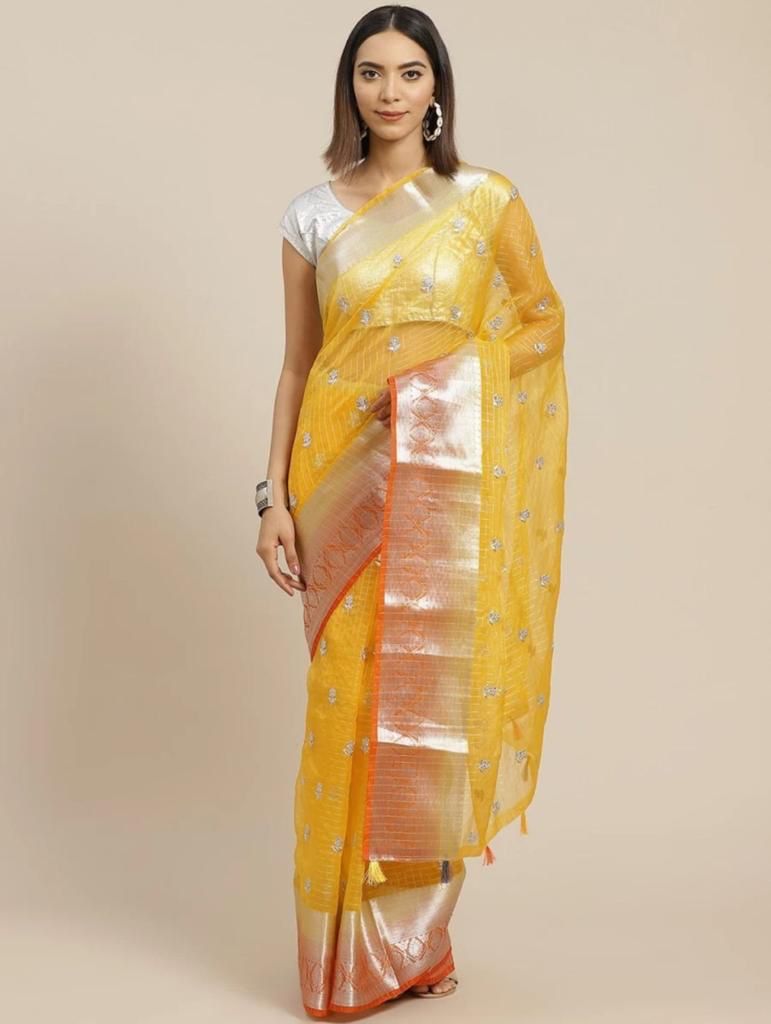 Pure Organza Silk All Over Silver Zari Weaved Body And Border Saree