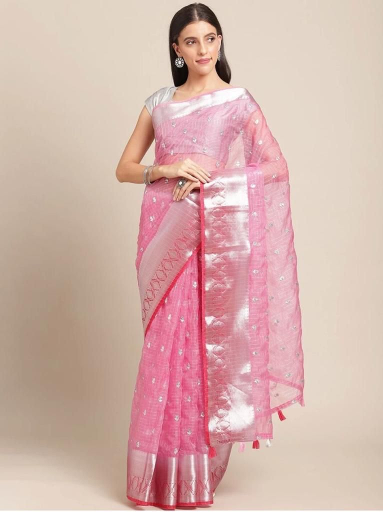 Pure Organza Silk All Over Silver Zari Weaved Body And Border Saree