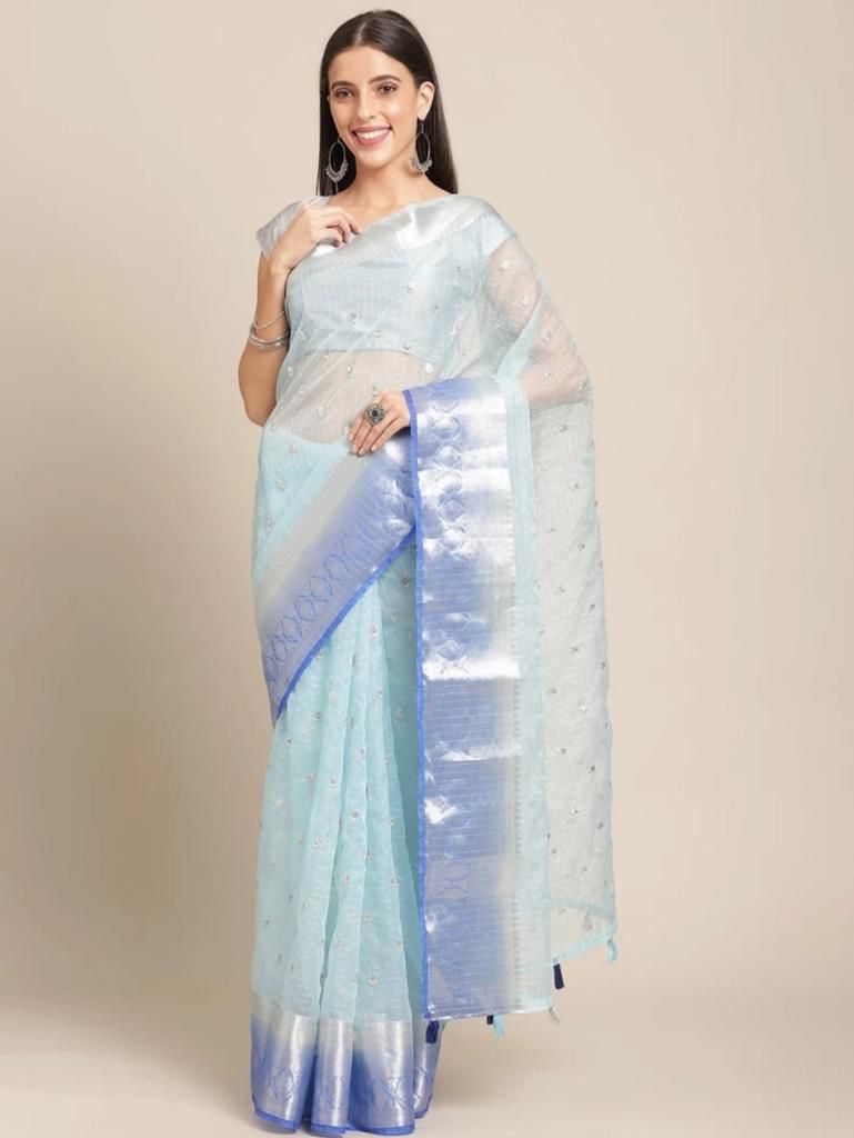 Pure Organza Silk All Over Silver Zari Weaved Body And Border Saree