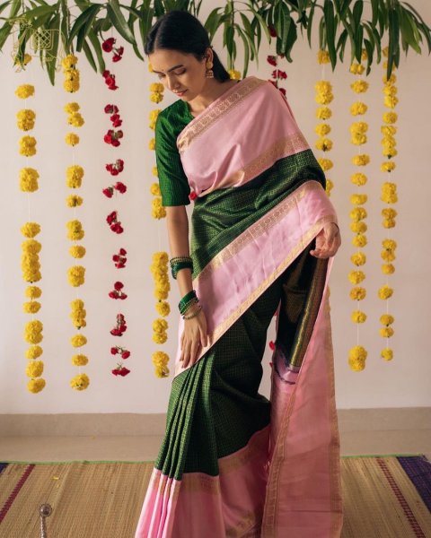 Image of Dark Green Banarasi Silk Saree Gold Zari Check Weaved Rich Pallu