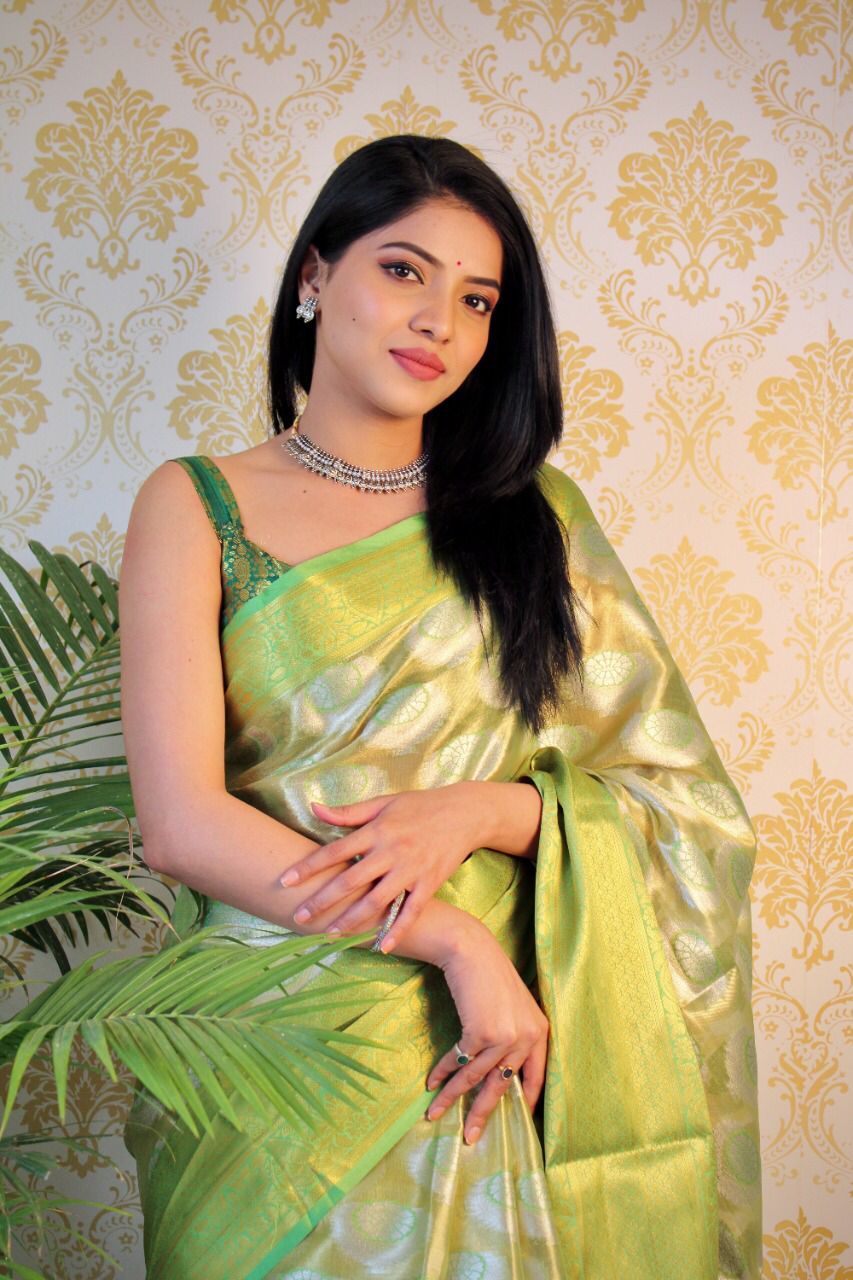 Green Pure Banarasi Tissue Silk Saree All Over Zari Weaved